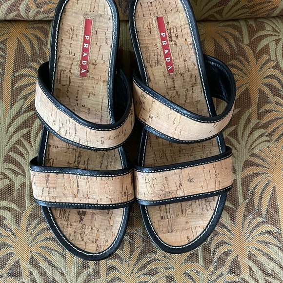 PRADA | Cork Wedge Sandals | Black | Size 37 - Picture 15 of 15